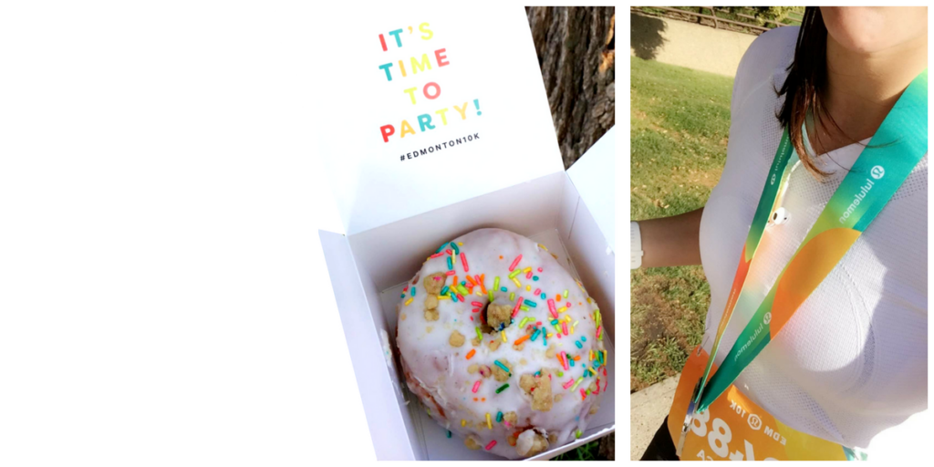 A white donut box with the bright branding of the Lululemon 10K race with a glazed donut inside with cookie crumble and bright neon sprinkles on top. There is also a second image of Becca in her white lululemon race t-shirt, with her race medal around her neck. The neckband is teal and orange. 