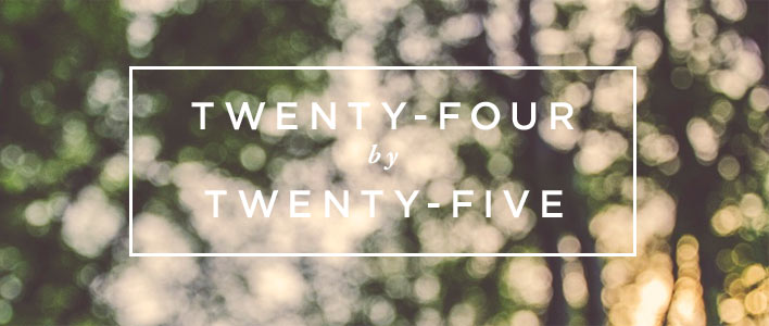 a blurred image of tree shining through lights with the text 'twenty-four by twenty five' written on it. 