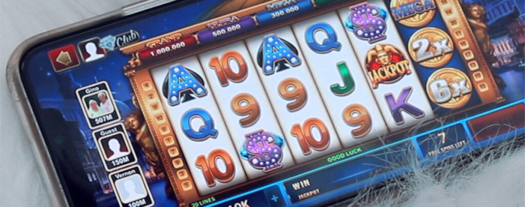 An iphone displaying a virtual slot machine game.