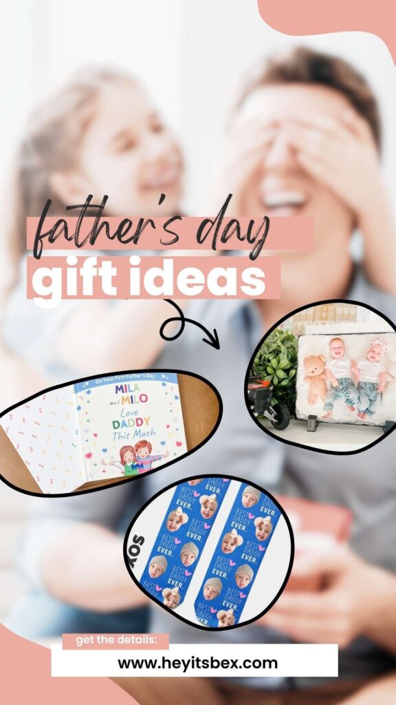 Fathers day gift ideas for new dad with a customized book, a rock picture frame, and face socks in black bubbles.