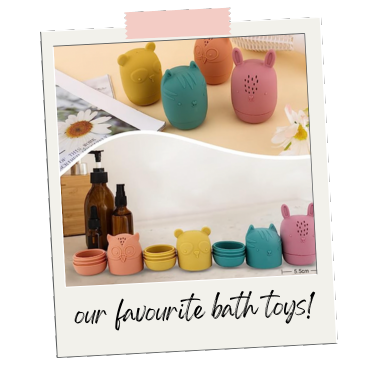 A poloroid picture of colourful silicone bath toys that open in to two pieces so you can thoroughly clean them.