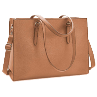 A brown tan laptop bag with gold buckles.