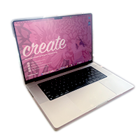A Macbook Pro Max with a pink 'create' background.