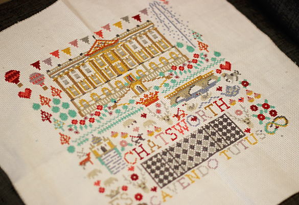 A completed cross-stitch of Chatsworth House in Chesterfield, England.