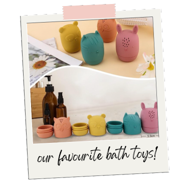 A poloroid picture of colourful silicone bath toys that open in to two pieces so you can thoroughly clean them.